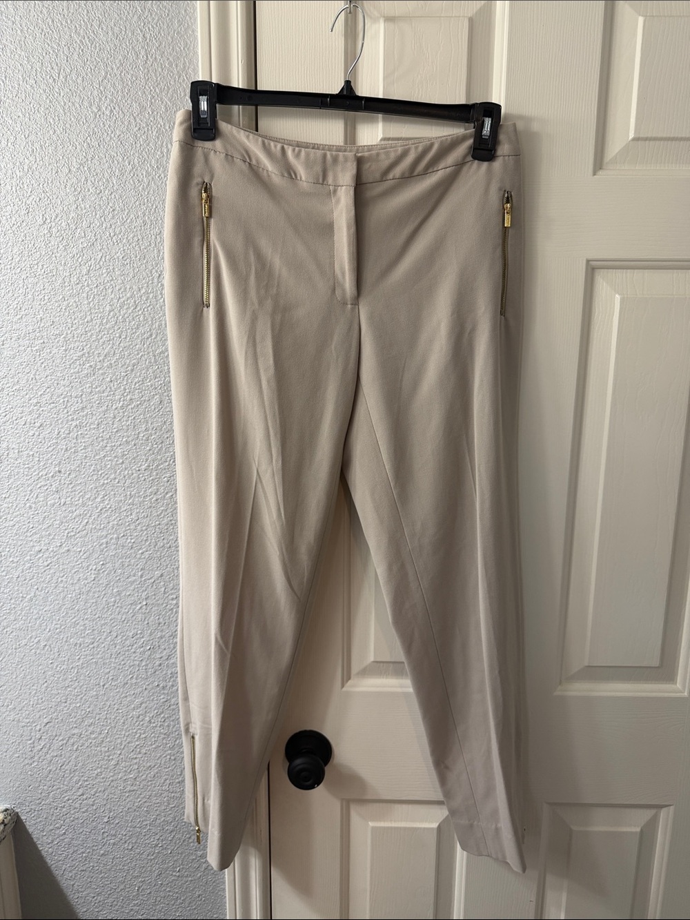 Calvin Klein Beige Straight-Leg Pants with Gold Zippers
